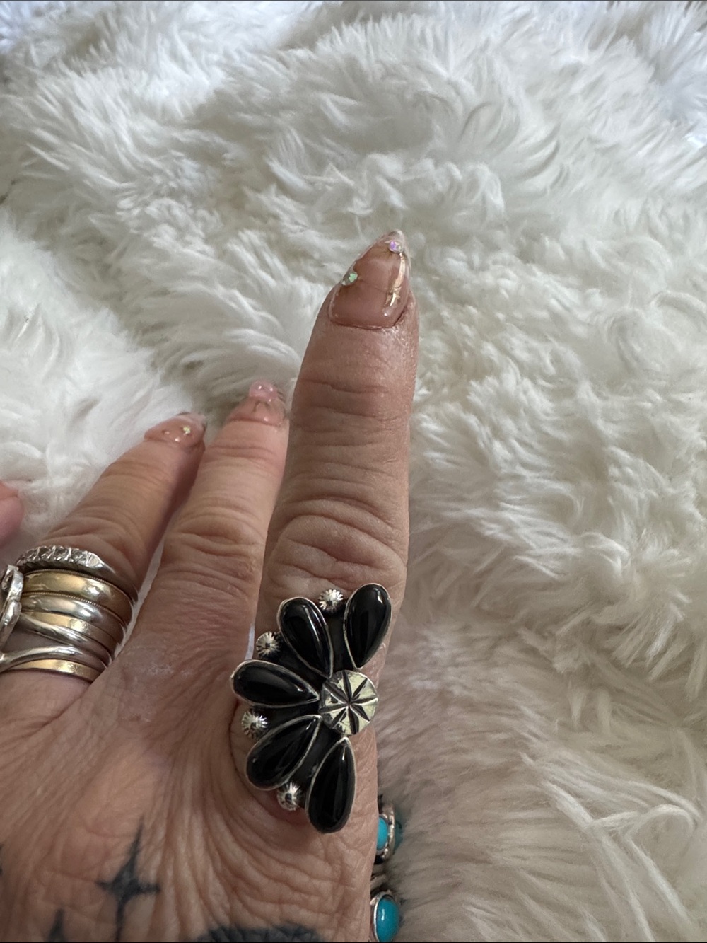 Black Onyx Floral Silver Statement Ring - Women Jewelry